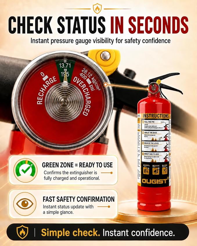 Ougist ABC Fire Extinguisher for Home, 2.5lb Small Fire Extinguisher for Kitchen & Garage, Vehicle Fire Extinguisher for Truck, Car and Boat, Professional Safety Grade, Red
