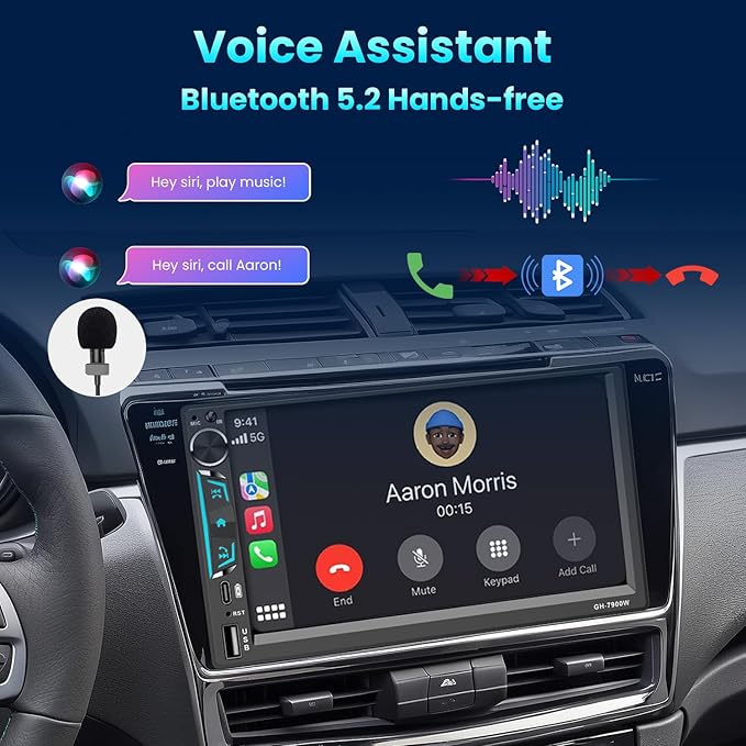 Double Din Car Stereo 7 Inch Touchscreen Compatible with [Wireless] Apple CarPlay/Android Auto Bluetooth FM Radio USB Type-C Backup Camera