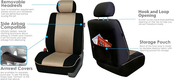 FH Group Car Seat Covers Three Row 8 Seater Cloth Car Seat Covers with Piping (Airbag and Split Ready) - Universal Fit for Cars Trucks & SUVs Beige/Black