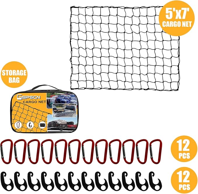 GSPSCN Truck Cargo Net 7' x 5' for Pickup Bed, Trailer,Boat,RV SUV Stretches to 15'x21' Max Heavy Duty Roof Rack Net,Small 5”x5” Mesh Netting w/24 Clip Carabiners Car Organizer Net for Large Loads
