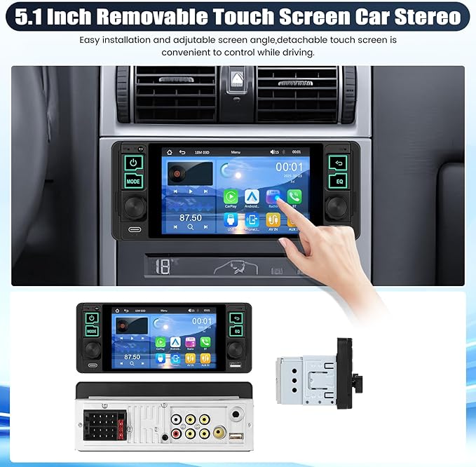 Single Din Touchscreen Car Stereo with Wireless Carplay&Android Auto,5.1 Inch Car Radio MP5 Player with Bluetooth FM Radio EQ Car Audio with USB/Type-C SWC+Backup Camera