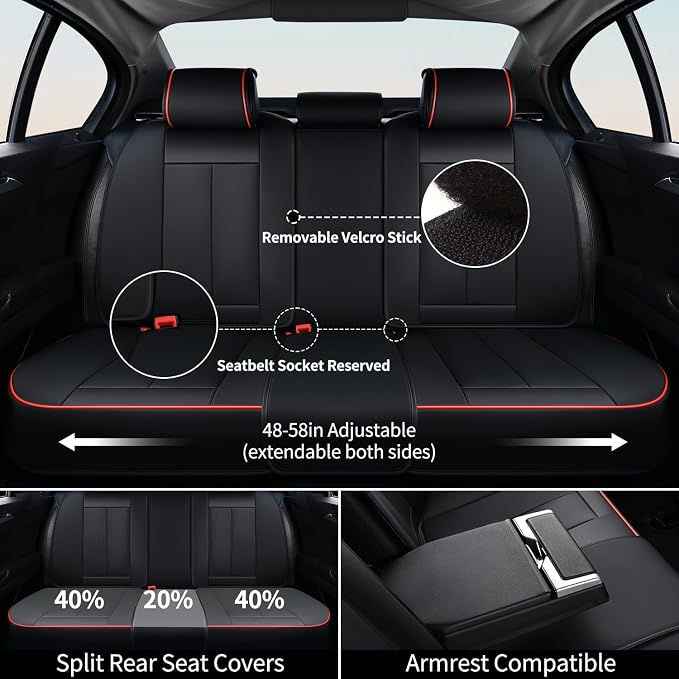 FLORICH Car Seat Cover Full Seats with Waterproof Leather, Car Seat Protectors with Storage Pocket, Airbag Compatible, Universal Seat Cover Fit for SUV, Sedan, Vans, Trucks- Black&Red Line