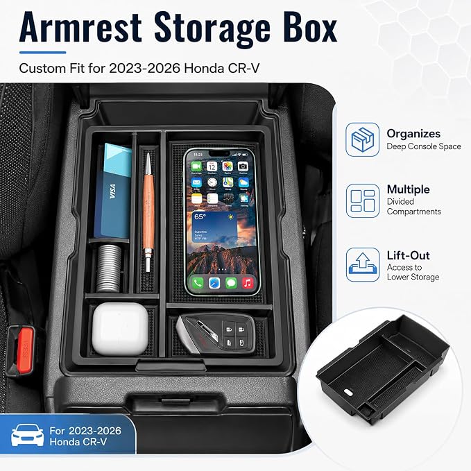 4PCS For 2023-2026 Honda CR-V Accessories Bundle, 3PCS Center Console Organizer & Armrest Storage Box + Compatible MagSafe Phone Holder, Fits LX EX EX-L Sport Sport-L TrailSport Sport Touring Hybrid,