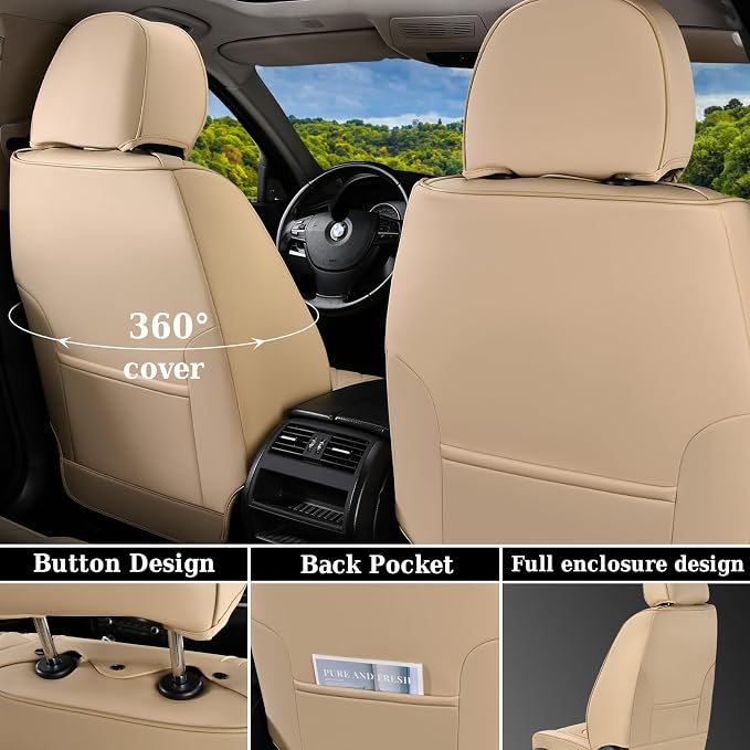 Coverado Car Seat Covers Full Set, Nappa Leather Seat Covers for Cars, Waterproof Automotive Car Seat Covers Interior Accessories Universal Fit Most Sedans, SUVs, Pick-up Trucks(Beige)