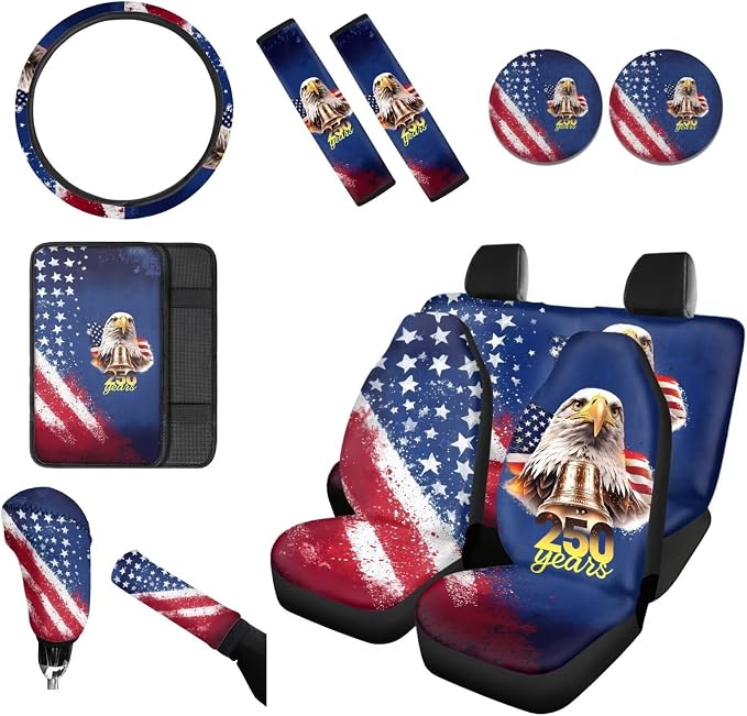 Wanyint Car Seat Covers Set 12 Pieces, Auto Seat Protector Steering Wheel Seat Belt Armrest Pad Handbrake Gear Shift Cover Coasters US 250th Anniversary Car Decor, American Flag Eagle Splash