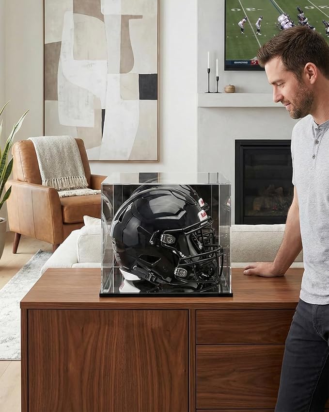 Acrylic Football Helmet Display Case Full Size with Mirror Back and Base, UV Protection Dustproof Clear Cube Box for Sports Memorabilia Storage, Assembly Required (14.9" L x 11.8" W x 11.8" H inches)
