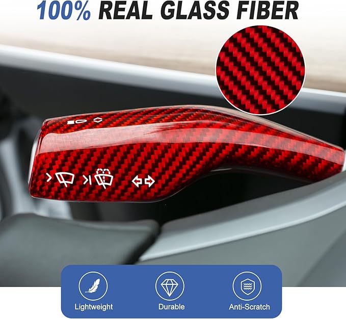 T-carbon Real Glass Fiber Steering Lever Cover Compatible with Tesla Model 3 Model Y 2017-2024, Gear Shift Paddle Cover Compatible with Model 3/Y Interior Accessories, Red