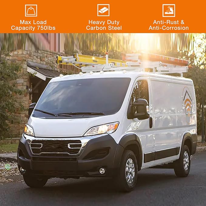 MELIPRON Steel Cargo Van Roof Ladder Rack Fit for RAM ProMaster 2013-2023 White 2 Bars