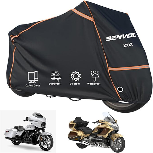 BENVOL 420D Heavy Duty Motorcycle Cover Waterproof Outdoor, 5000mm Rainproof Material Motorbike Cover with 2 Windproof Buckles, Lock Holes & Wide Reflective Strips, Anti-UV Sun Dust Protection