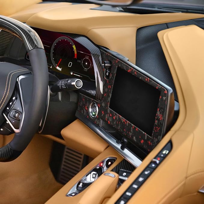 Red Forged Style Real Carbon Fiber Central Control Screen Frame Trim Compatible with 2020-2026 Corvette C8, Interior Decor Sticker Accessories
