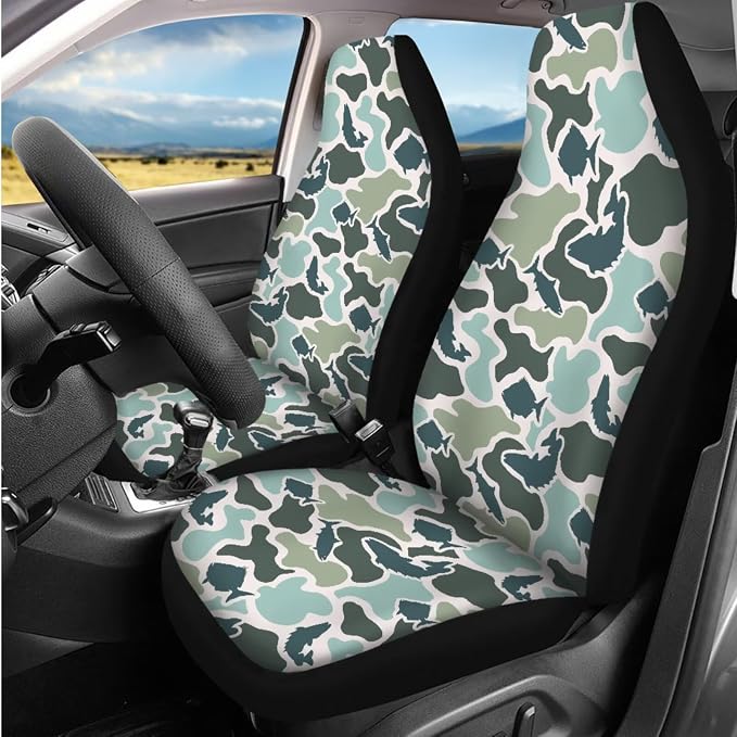 Bulopur Blue Fish Camo Auto Seat Covers with Car Steering Wheel Cover Car Armrest Cushion Pads Headrest Covers Vehicle Seat Belt Covers Automotive Accessories for SUV Truck Van