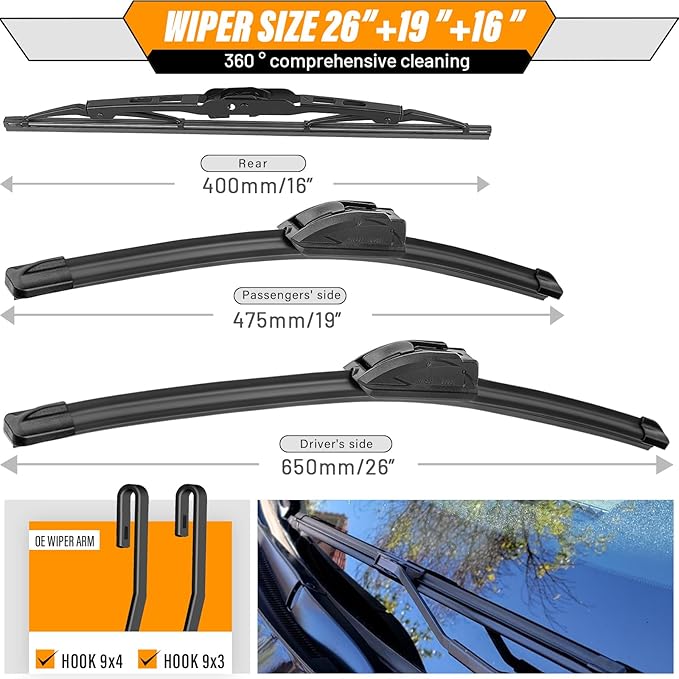 AUTOBOO 26"+19" Windshield Wipers with 16" Rear Wiper Blade Replacement for Toyota sienna 2010 2009 2008 2007 2006 2005 -Original Factory Quality (Pack of 3)