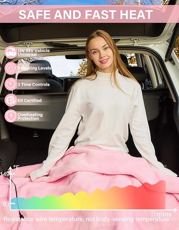 Heated Car Blanket 12/24 Volt Electric Blanket for car, Portable Heated Blanket for Car, Truck, SUV, RV & Camping, Machine Washable, with Temperature Controller 60" x 43"
