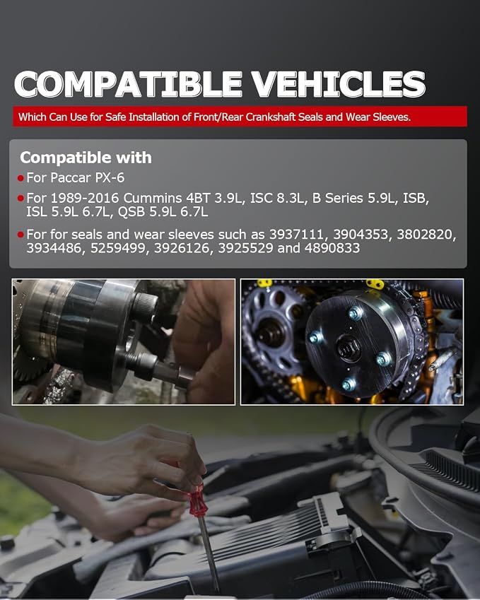 1ST Front & Rear Crankshaft Seal Remover & Installer with Wear Sleeve Installer Tool Set for Paccar PX-6, Cummins 3.9L 5.9L 6.7L 1989-2016, Replace OE: 3824078 5395259 3163734 3163628 3163741 ST-224C
