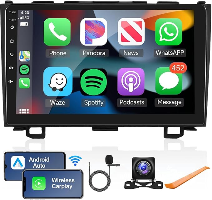 2G+64G Android Car Stereo for Honda CRV 2007-2011 with Wireless Carplay/Android Auto with WiFi GPS Navigation, 9" Touchscreen Bluetooth Car Radio Support USB FM/RDS EQ HD Backup