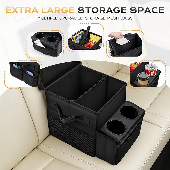 Foldable Bench Seat Center Console, Car Armrest Organizer Box with 2 Large Cup Holders & Massive Storage, Universal Portable Trunk Console Arm Rest for Car/Truck/Van/SUV Rear Organizers Back Seat