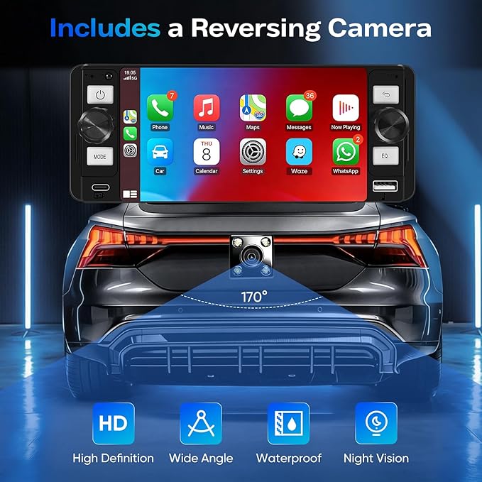 DINRGO Single Din Car Stereo - 6.5" Car Radio with Wireless Apple CarPlay Android Auto,Touchscreen Radio Bluetooth 5.2 Support Mirror Link,Backup Camera GPS USB & Type-C Fast Charging FM EQ MIC