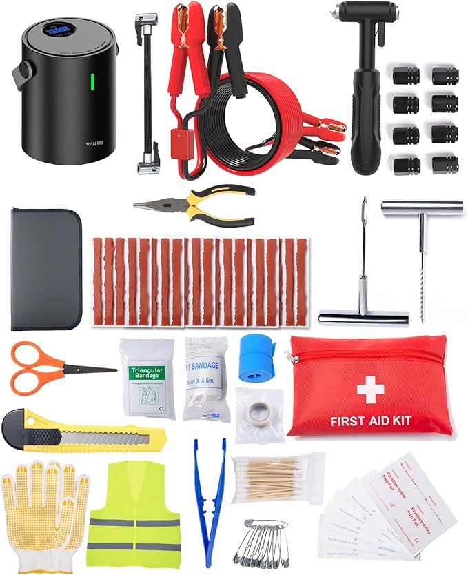 Emergency Kit - Tire Inflator Portable Air Compressor & Jumper Cables for Car - Winter Auto Assistance Kit with Tow Straps, Car Safety Hammer, Tire Repair Kit, & First Aid Kit