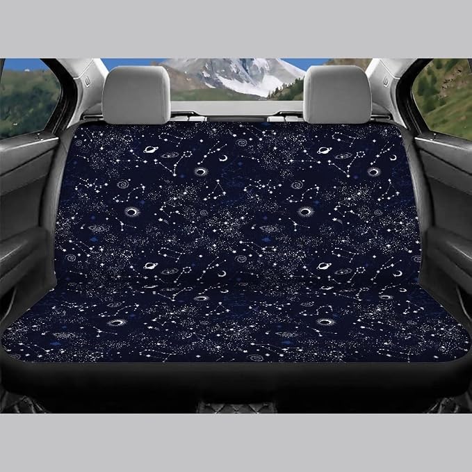 Xoenoiee 11 Pcs Celestial Moon Stars Print Car Accessories Full Set for Women, Universal Front Car Seat Cover, Back Bench Seat Cover, Steering Wheel Covers, Seat Belt Pads, Cars Coaster, Key Chains