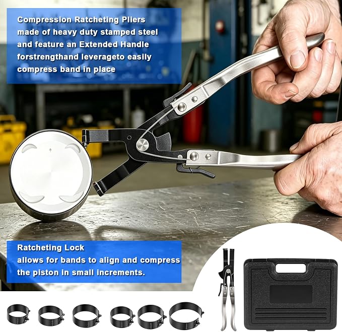 YMT Piston Ring Compressor Tool Set for Car Engine, Vehicle Maintenance Clamps, Ratchet Pliers, Storage Case