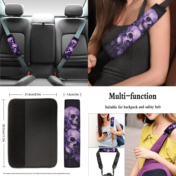 Purple Rose Skull Car Seat Covers Set for Women Universal Full Set with Steering Wheel Cover Armrest Pad Seatbelt Covers for Auto SUV Interior Decoration