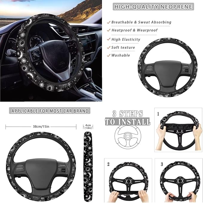 Car Accessories Car Seat Covers Full Set/Seatbelt Shoulder Pads/Coasters/Key Ring/Lipstick Holder for Women's Vehicle Decor(13 Pack), Celestial Moon Stars