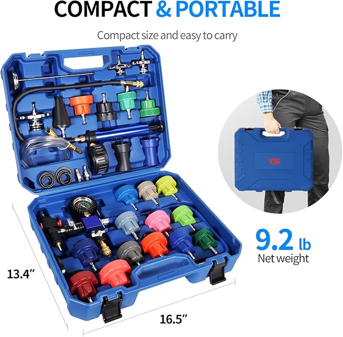 VTG VOGTEN 31PCS Coolant Pressure Tester Kit,Radiator Pressure Tester and Vacuum Refill Kit for Automotive Cooling System Water Tank Leakage Detection