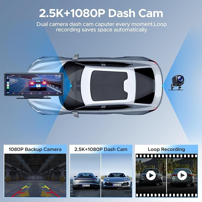 Topexplore 9.26'' Carplay Screen with 2.5K Dash Cam and 1080P Backup Camera | Portable Wireless Car Play Android Auto, Upgrade Navigation, Mirror Link, Voice Control, Hands-Free for iOS 11+ Android 11+