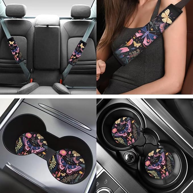 INSTANTARTS Butterfly Flower Car Seat Cover Set - 13 Piece Washable Protective Set Includes Seat Belt, Steering Wheel, Coaster and Key Chain Covers - Suitable for Most Cars