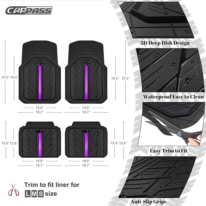 CAR PASS Metal Medium Rubber Floor Mats for Car Heavy Duty Car Mats All Weather, Universal Trim to Fit for Truck SUV Vehicle Automotive Floor Mats, Waterproof Car Mats 4 Piece Black Purple