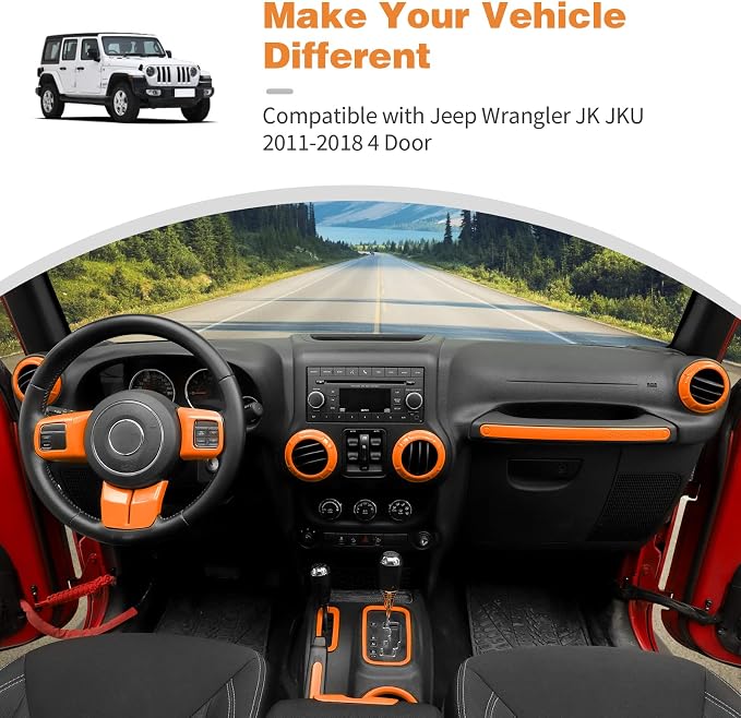 CheroCar 18PCS Interior Trim Kit for Jeep Wrangler JK JKU 2011-2018 4 Door,Steering Button Frame, Air Conditioning Vent Trim Cup Holder Cover,Gear Shift Knobs Frame,Orange…