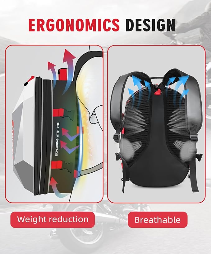 NICECNC Motorcycle ATV Helmet Backpack Hardshell, 38L Large Capacity Motorcycle ATV Rear Seat bag Tail Bag Expandable Helmet Storage Bag Travel Luggage Bag for Riding Camping Hiking, 8 Straps, Red