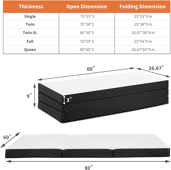Tri-Fold Queen Memory Foam Pads, 3 inch Folding Topper with Washable Cover, Portable Non-Slip Guest Floor Bed for Camping Travel – Ideal for Overnight Guests, RV, and Outdoor Adventures