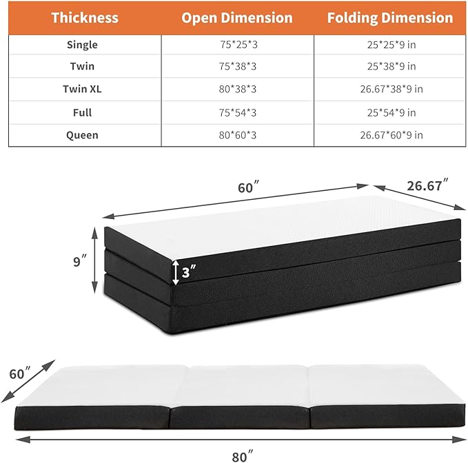 Folding Memory Foam Pads, 3" Tri-Fold Queen Topper with Washable Cover, Non-Slip Portable Guest Floor Bed for Travel Camping