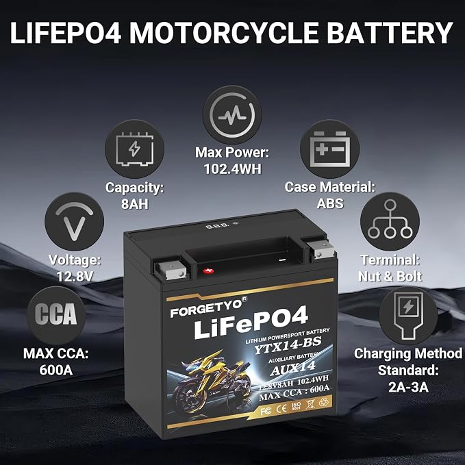 Lithium Motorcycle Battery, Forgetyo YTX14-BS 12.8V 8AH 600A LiFePO4 AUX14 Auxiliary Batteries, ATV UTV Jet Ski Snowmobile Battery