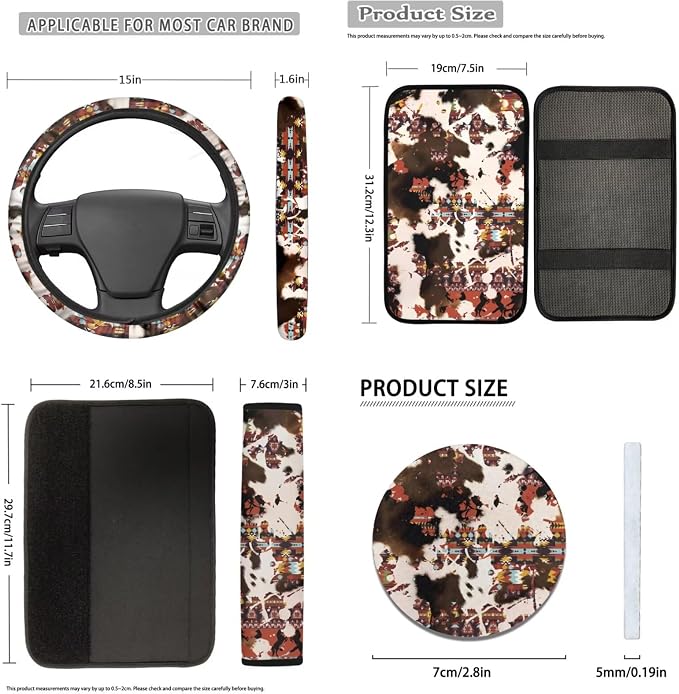 Southwestern Aztec Cow Print Car Seat Covers Full Set Brown Cow Car Accessory Universal Fit Front and Split Bench Rear+Steering Wheel Cover+Seatbelt+Key+Center Console Armrest Pads for Cars