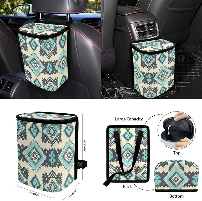 Aztec Style Print Car Seat Covers Set of 15 with Universal Steering Wheel Cover, Rearview Mirror Cover, Car Trash Can, Seatbelt Pads, Cup Holder Coasters, Keychains
