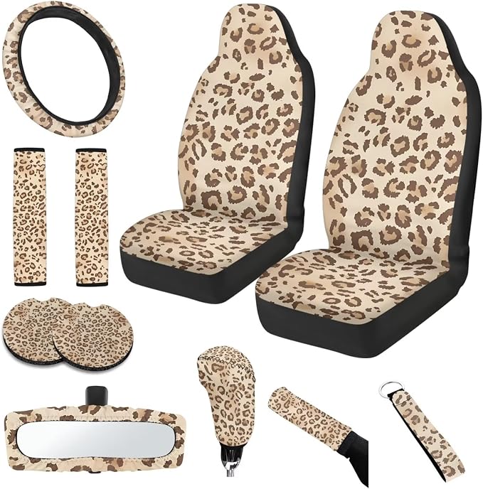 Leopard Print 11 Pieces Car Seat Covers Full Set Car Front Seat Cover Rear View Mirror Cover Steering Wheel Cover Seat Belt Pad Cover Gear Lever Cover Fits for Cars,SUVs