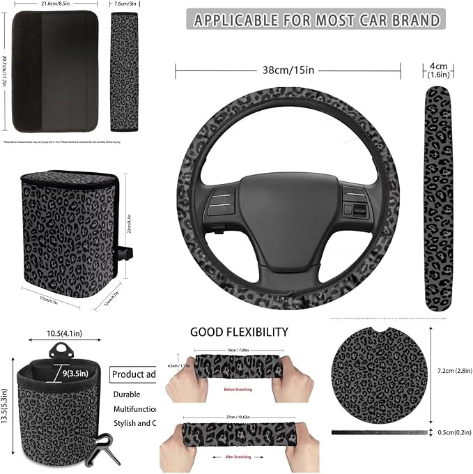 Dreaweet Black Leopard Print Car Seat Covers Full Set for Women,Cheetah Steering Wheel Cover Seat Belt Cover Pad Cup Car Coasters Trash Bag Vent Storage Bag Rearview Mirror Cover Keychain,15 Pcs Set