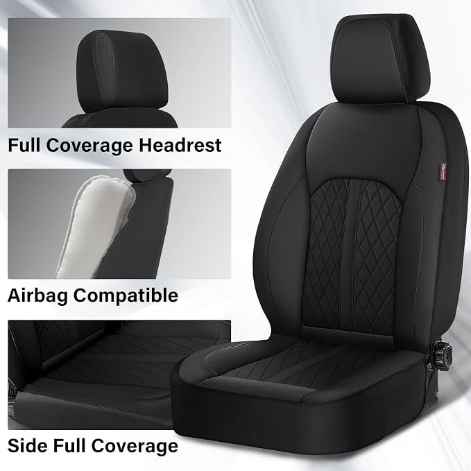 Coverado Universal Leather Seat Covers Front Seats, 2-Pack Seat Covers for SUV, Pickup Truck, Sedan, Automotive Vehicle Interior, Waterproof and Durable All Weather Protector，Black
