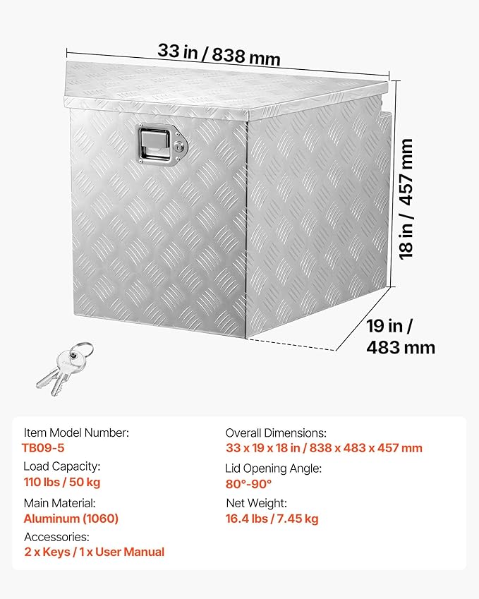 VEVOR Trailer Tongue Box, Heavy Duty Trailer Tongue Tool Box Storage Organizer with Lock & Keys, Utility Tool Chest for Pickup Truck Bed, RV, SUV, Off-Road Vehicle, Aluminum, 33" x 19" x 18", Silver