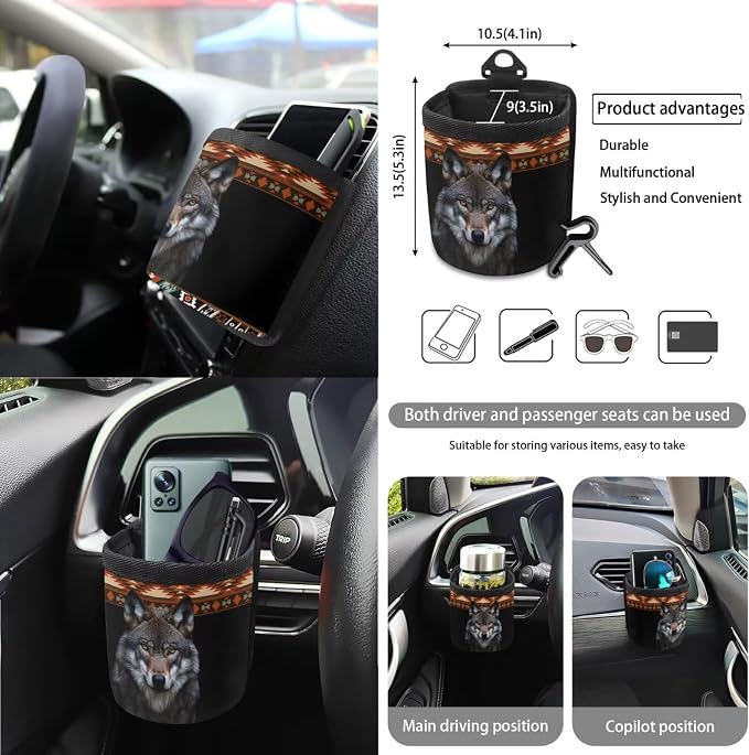 Aztec Wolf Car Front Back Seat Covers Full Set with Steering Wheel Cover Safe Belt Pads Cup Coasters Garbage Cans Rear View Mirror Cover Keychain Air Vent Storage Case, Set of 15