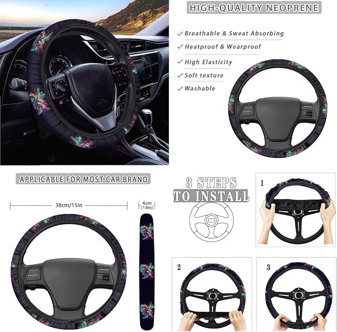 Turtle Paint Splatter Pattern 10 Pcs Car Seat Covers Full Sets Anti-Slip Steering Wheel Cover and Car Trash Bin with Car Air Vent Storage Cup Holders Lanyard Keychain for Automobile Interior