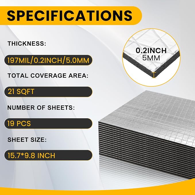VOISEN Sound Deading Material for Cars,197 mil(5mm) 21 sqft Sound Deadening,Aluminum foil Foam Sound Deadener,Noise Insulation and Vibration Dampening Material 19 Pcs
