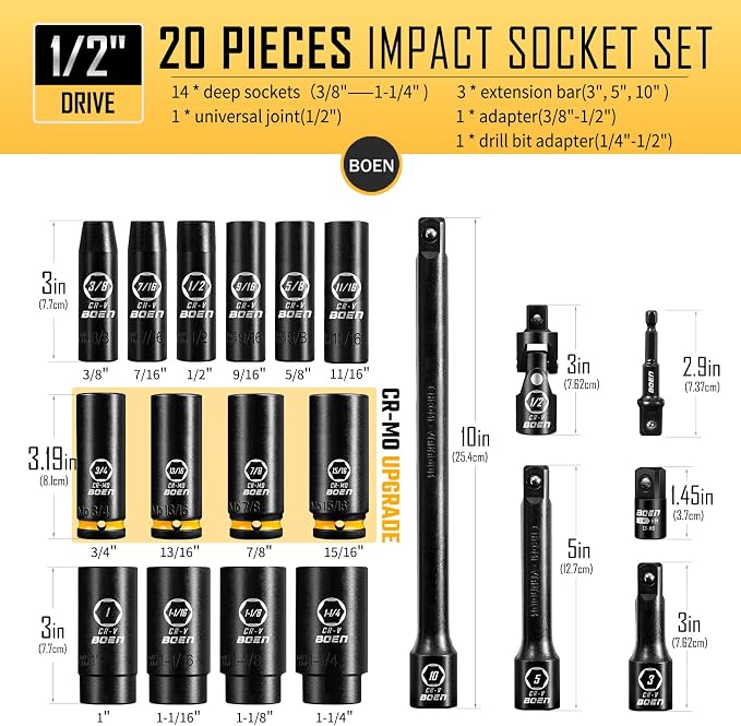 BOEN Pro 41Piece 1/2" Drive Deep Impact Socket Set, SAE 3/8"-1-1/4", Metric 10-24mm, Includes Extensions, Joint, Adapter