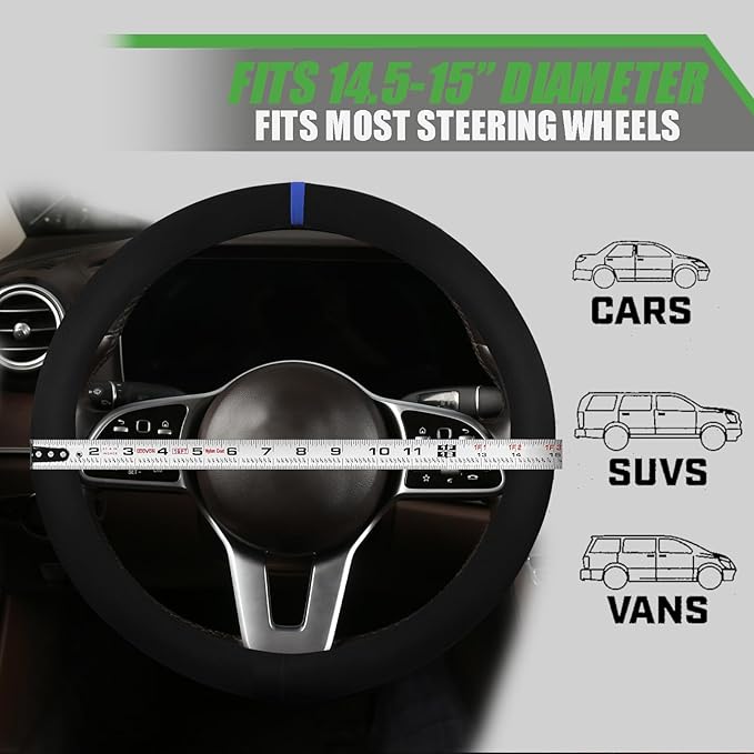Suede Steering Wheel Cover with Upgraded Silicone Inner Ring, Breathable, Anti-Slip, Leather Universal 14.5 to 15 Inch Steering Wheel Cover (Black with Blue Mark)