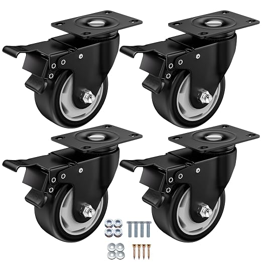3" Heavy Duty Plate Casters, 1000 Lbs Dual Brake - Set of 4 | Black 1000 Lbs per 4 casters. 360° Swivel. Dual lock. PU won't mark floors. For workbench, furniture, cart.