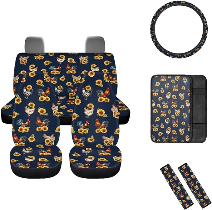 Mumeson Sunflower Rooster Car Seat Covers + 2 Pack Soft Car Seatbelt Covers Shoulder Cushion + Steering Wheel Covers Sweat Absorption + Car Armrest Cover Center Console Mats 8 Pack Set