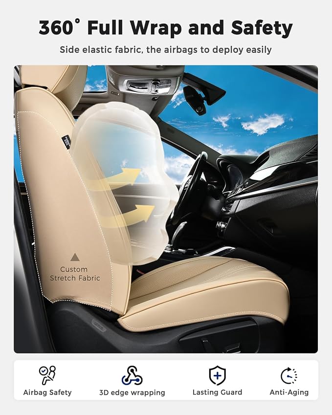 Huidasource Beige Seat Covers, Luxury Faux Leather Car Seat Cover, Velcro Adjustable, with Airbags, Seat Belts, Thinning Design Perforation Cooling＆Heating Fit for Most Cars, Vans, Trucks, SUVs, Beige
