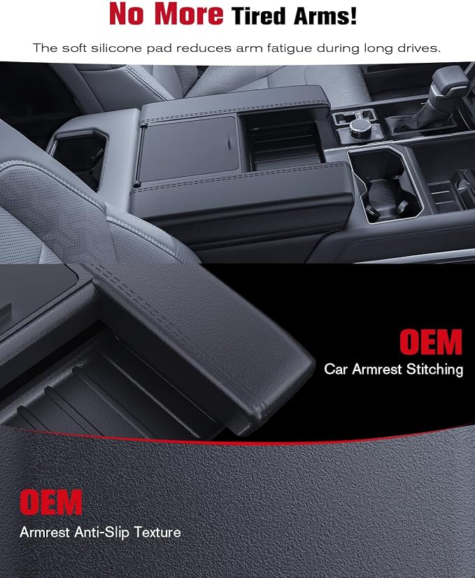 for 2022~2026 Tundra (SR/SR5/Limited) 2-in-1 Silicone Center Console Armrest Cover& Armrest Hidden Privacy Tray - [OEM Design& Friendly Liquid Silicone Rubber] - Thin Black